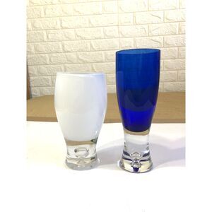 Set Vintage Block Stockholm Art Blue 7.5" White 6.5" Glass MCM Controlled Bubble